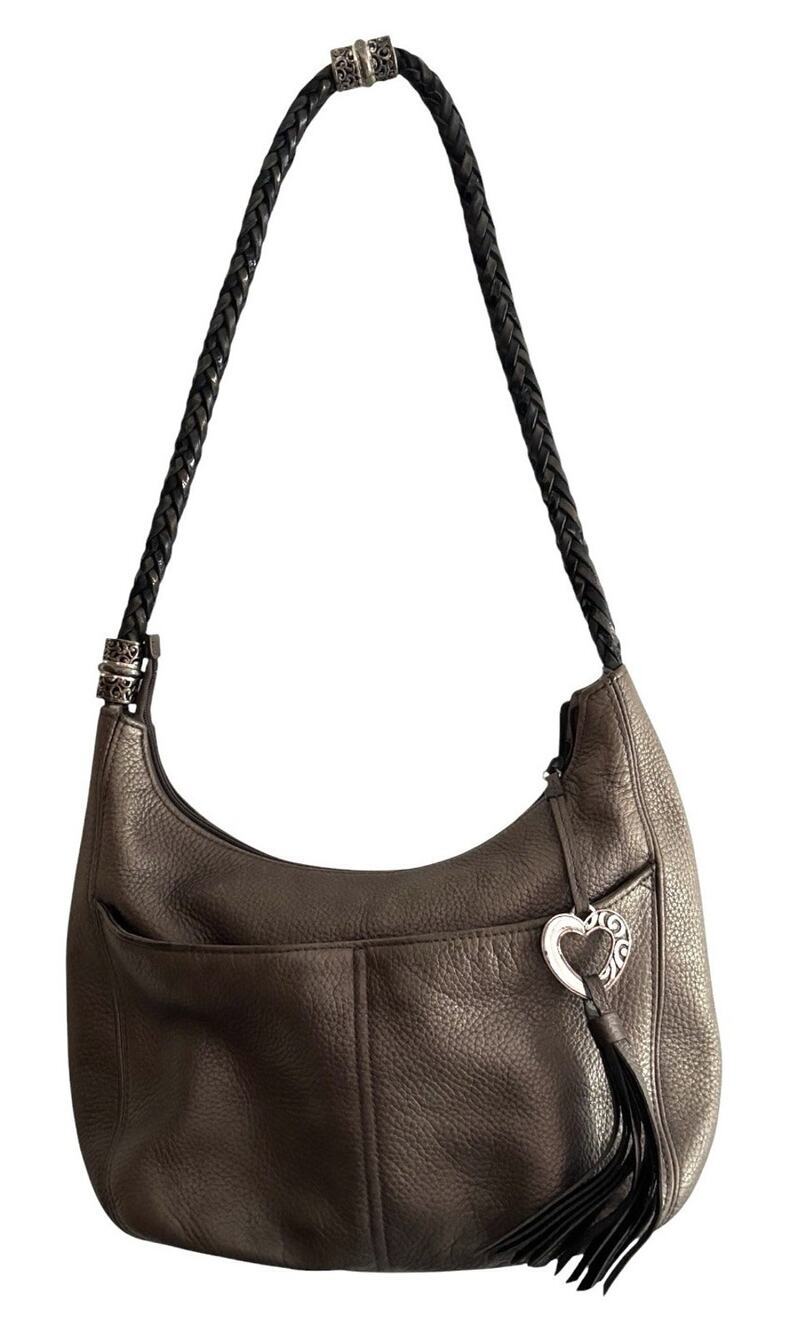BRIGHTON Pewter Gray Pebbled Leather Hobo Bag Purse Braided Strap - EUC